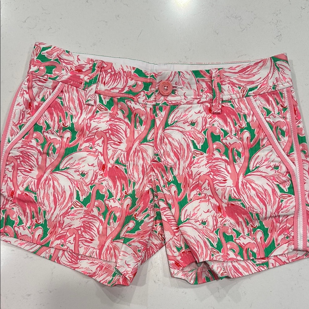 Lilly Pulitzer Pink and Green Bermuda Shorts Vibrant Tropical Print
